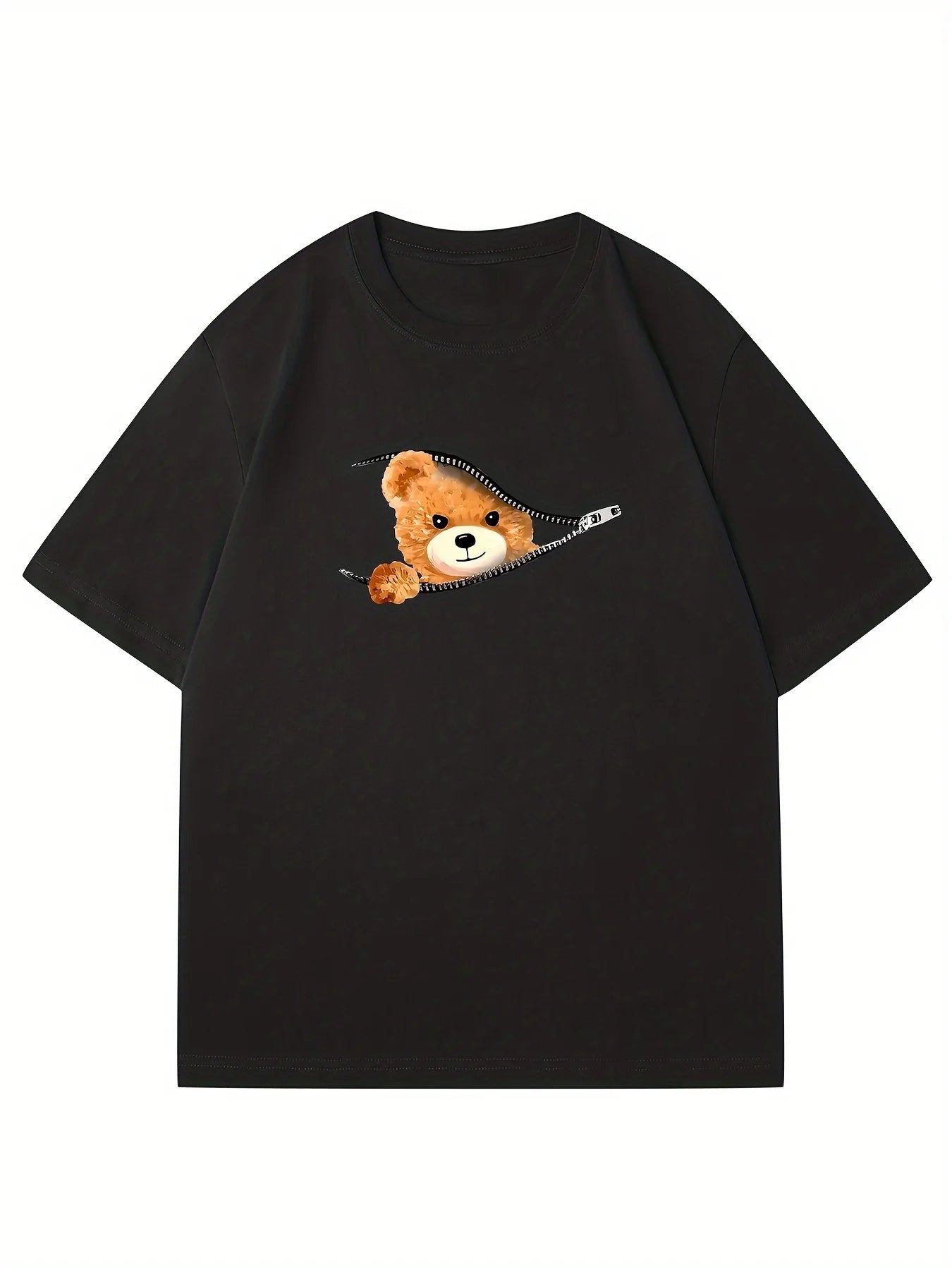 Summer Loose Fitting Casual Stylish Bear Pattern Print round Neck Short Sleeved T-Shirt Top
