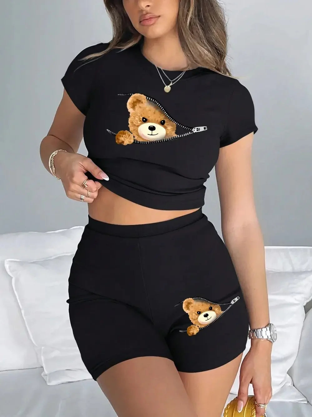Piece Crop Top & Shorts Set – Zipper Teddy Bear Print | Slim Fit Sporty Loungewear for Women