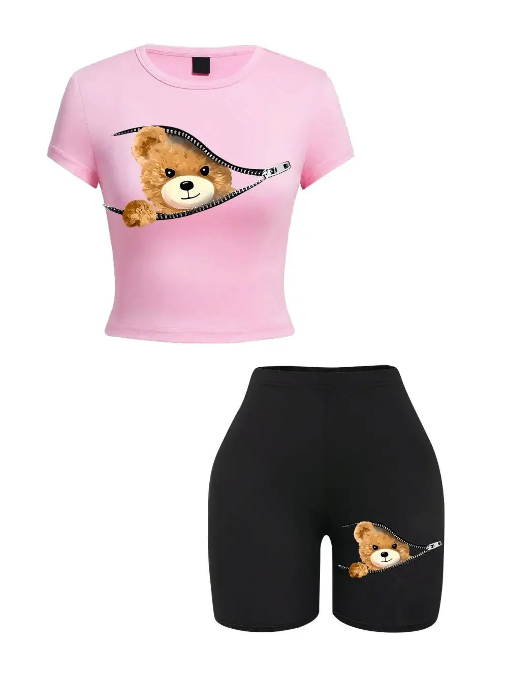 Piece Crop Top & Shorts Set – Zipper Teddy Bear Print | Slim Fit Sporty Loungewear for Women