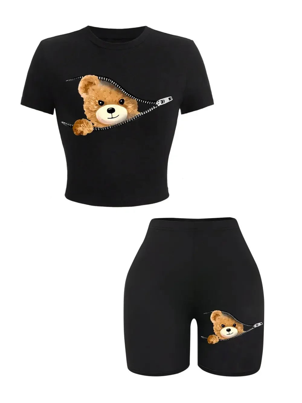 Piece Crop Top & Shorts Set – Zipper Teddy Bear Print | Slim Fit Sporty Loungewear for Women