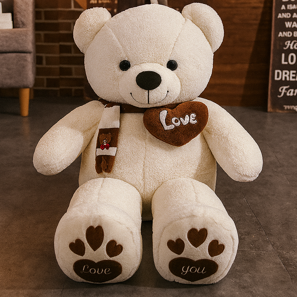 Plush teddy bear with a heart-shaped 'Love' tag and paw prints on paws and feet, sitting on a wooden floor.