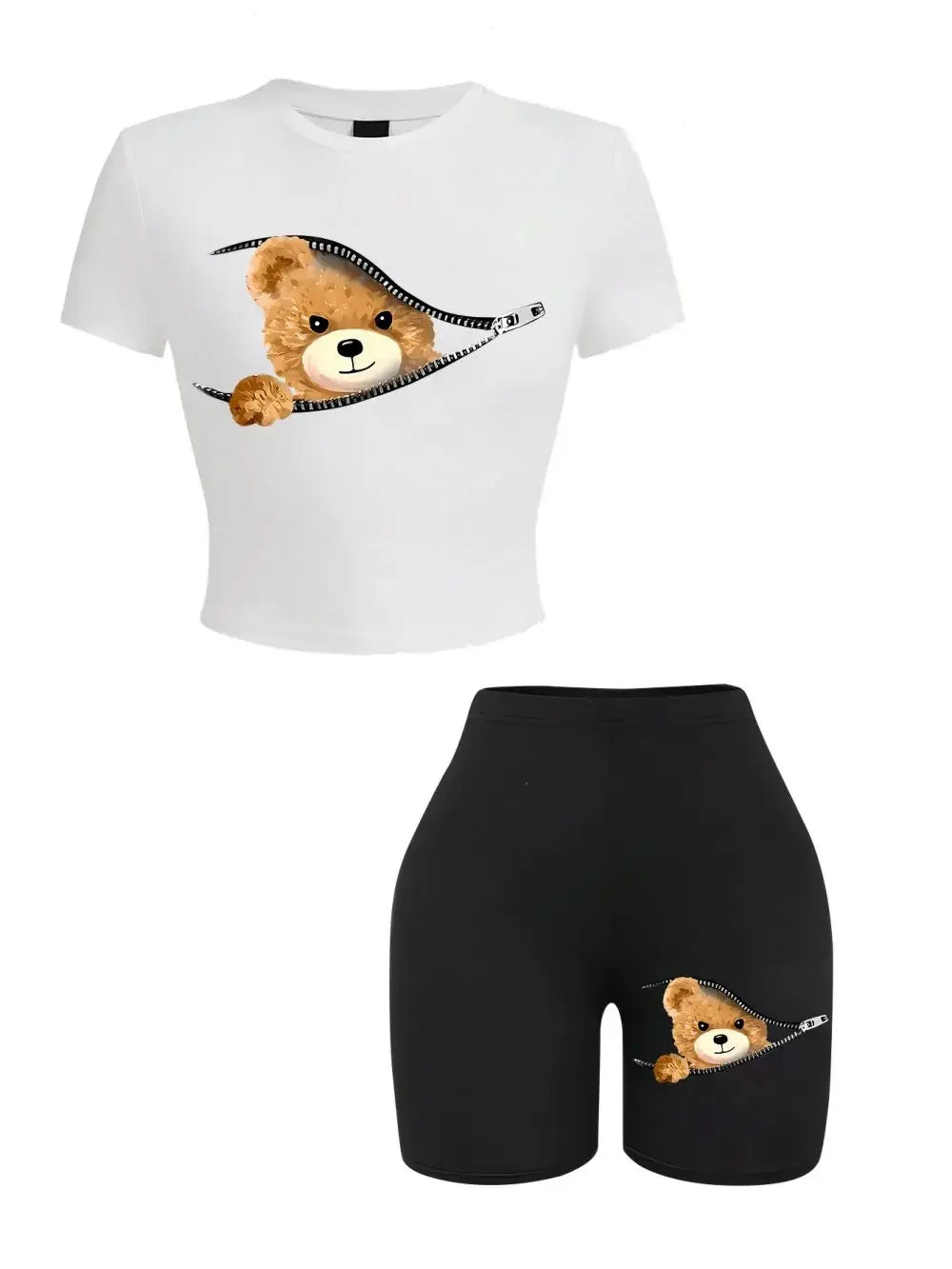 Piece Crop Top & Shorts Set – Zipper Teddy Bear Print | Slim Fit Sporty Loungewear for Women