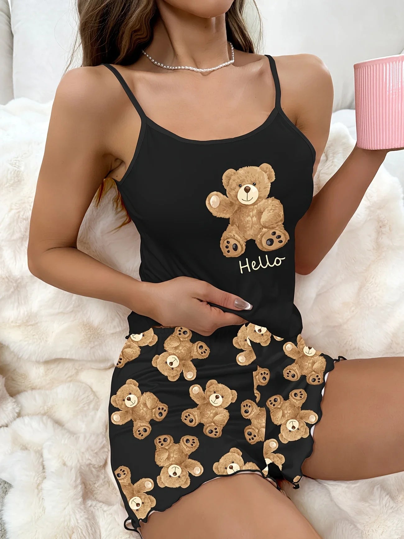 Summer Black Pyjamas Set for Women – Cute Teddy Bear Print | Lightweight Short Sleeve Sleepwear & Shorts