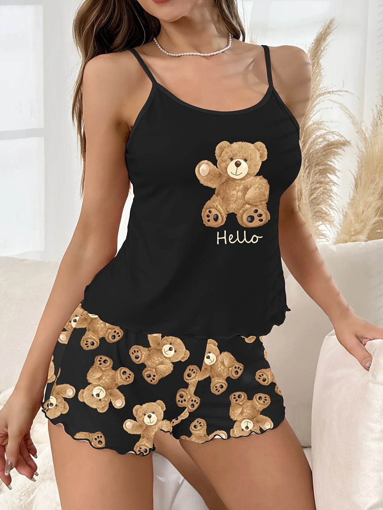 Summer Black Pyjamas Set for Women – Cute Teddy Bear Print | Lightweight Short Sleeve Sleepwear & Shorts