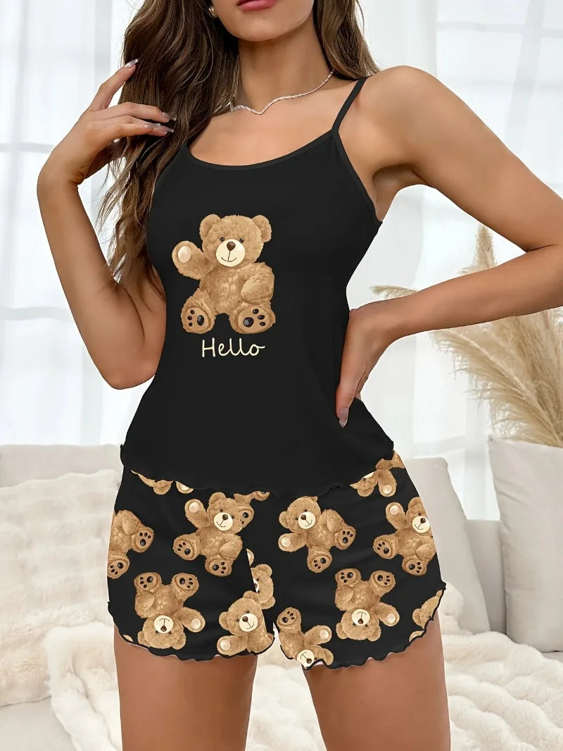 Summer Black Pyjamas Set for Women – Cute Teddy Bear Print | Lightweight Short Sleeve Sleepwear & Shorts