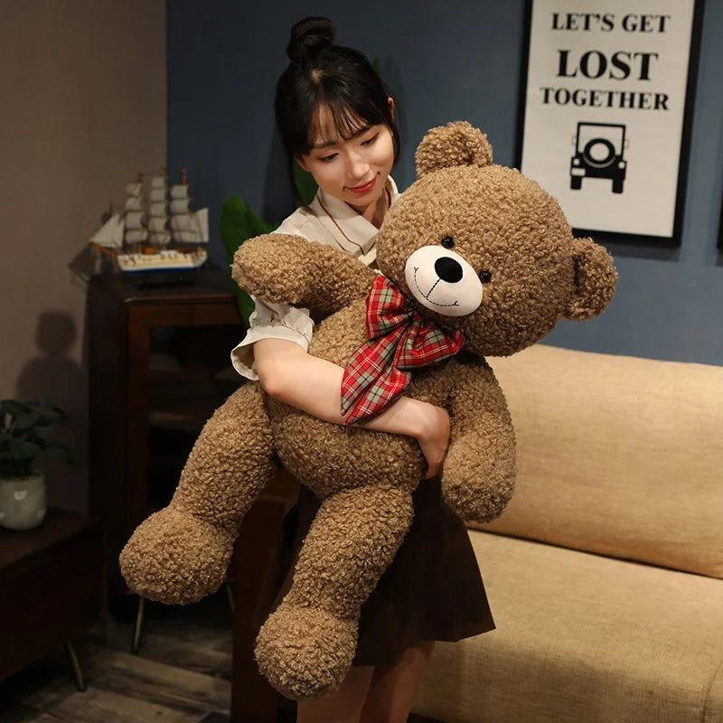 Soft Nap Pillow Bear 80cm – Big Plush Toy with Checkered Ribbon