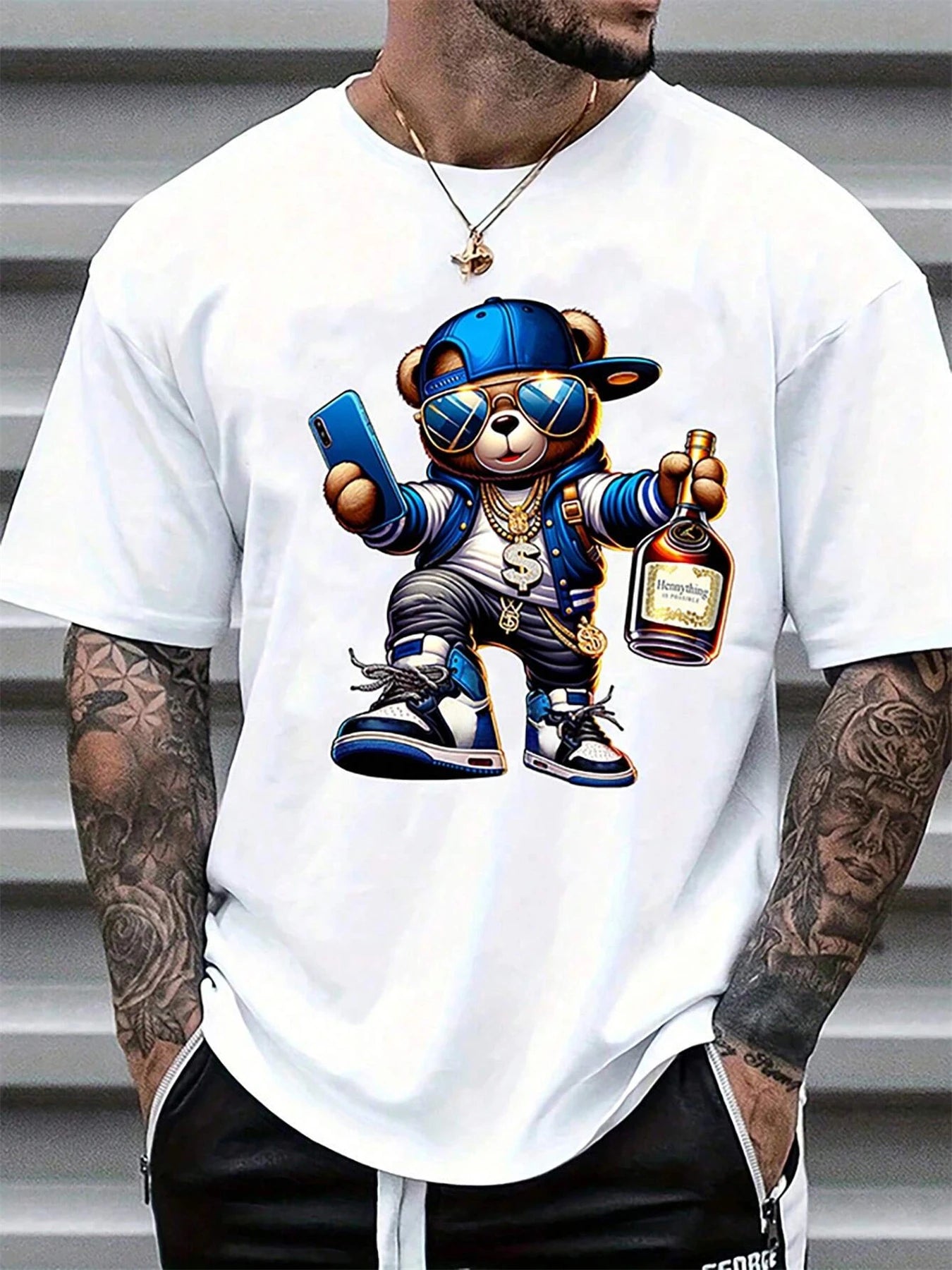 Men’s White Cartoon Bear T-Shirt – 100% Cotton Oversized Summer Tee | Casual Streetwear for Everyday Comfort