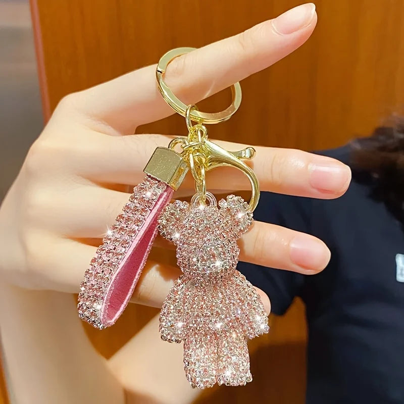 Diamond-Encrusted Teddy Bear Keychain – Luxury Sparkling Bag & Car Charm