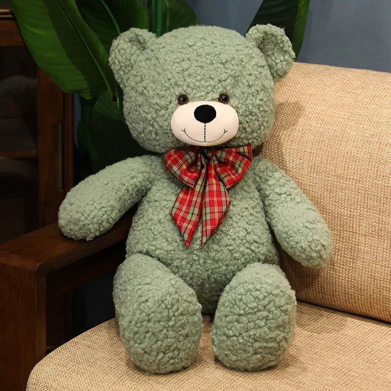 Soft Nap Pillow Bear 80cm – Big Plush Toy with Checkered Ribbon