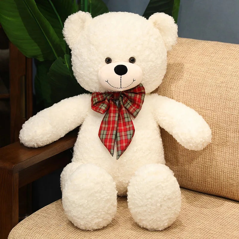 Soft Nap Pillow Bear 80cm – Big Plush Toy with Checkered Ribbon