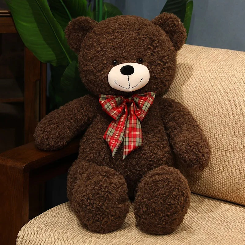 Soft Nap Pillow Bear 80cm – Big Plush Toy with Checkered Ribbon