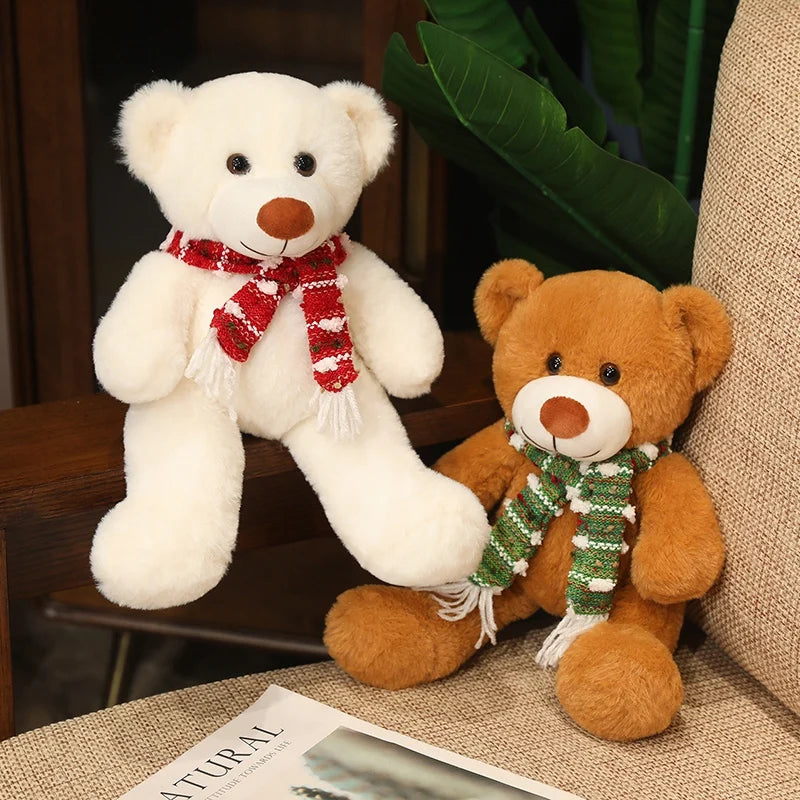 35cm Brown & White Bear Plush Doll – Christmas Gift Bear with Scarf 