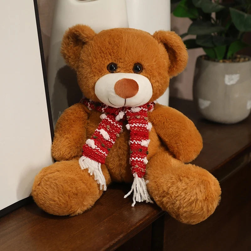  35cm Brown & White Bear Plush Doll – Christmas Gift Bear with Scarf 