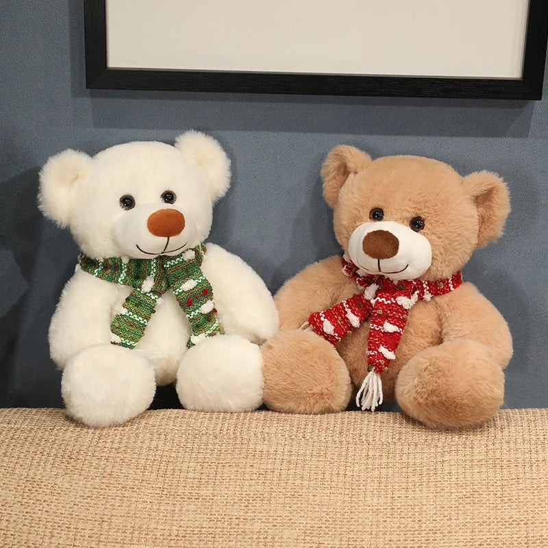  35cm Brown & White Bear Plush Doll – Christmas Gift Bear with Scarf 