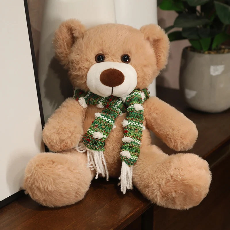  35cm Brown & White Bear Plush Doll – Christmas Gift Bear with Scarf 