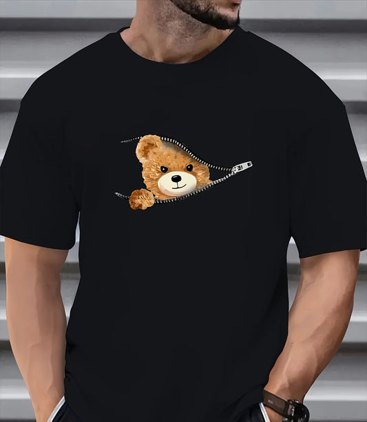 Summer Loose Fitting Casual Stylish Bear Pattern Print round Neck Short Sleeved T-Shirt Top