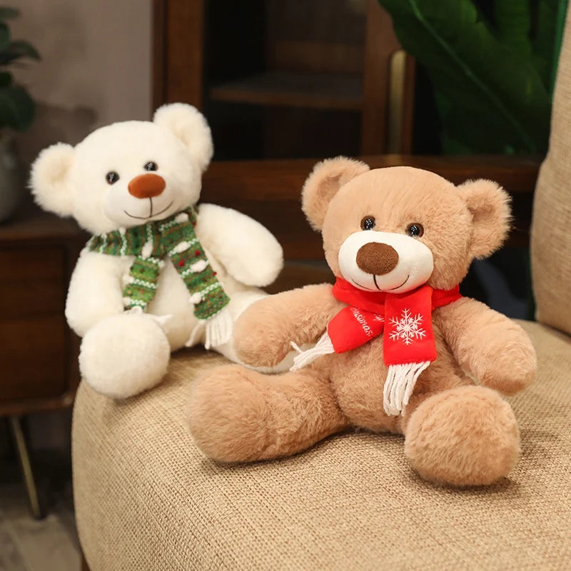  35cm Brown & White Bear Plush Doll – Christmas Gift Bear with Scarf 