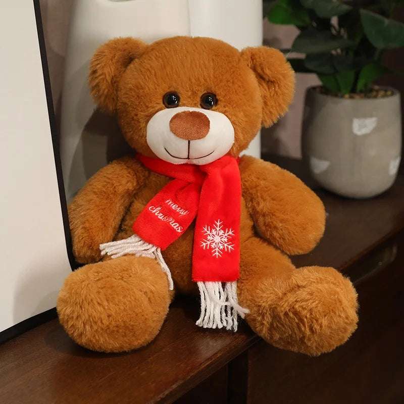  35cm Brown & White Bear Plush Doll – Christmas Gift Bear with Scarf 