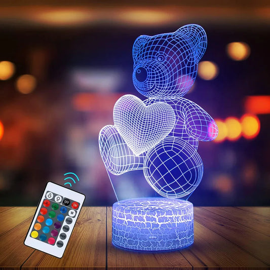 16-Color 3D Illusion Teddy Bear Night Light – LED Touch/Remote Lamp for Kids & Romantic Gifts