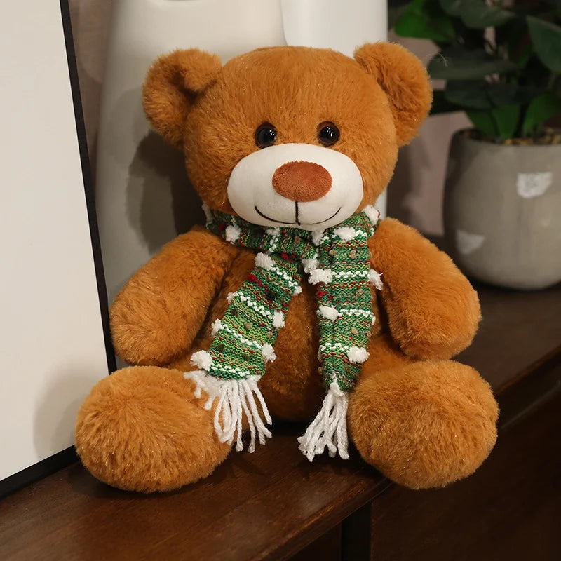  35cm Brown & White Bear Plush Doll – Christmas Gift Bear with Scarf 