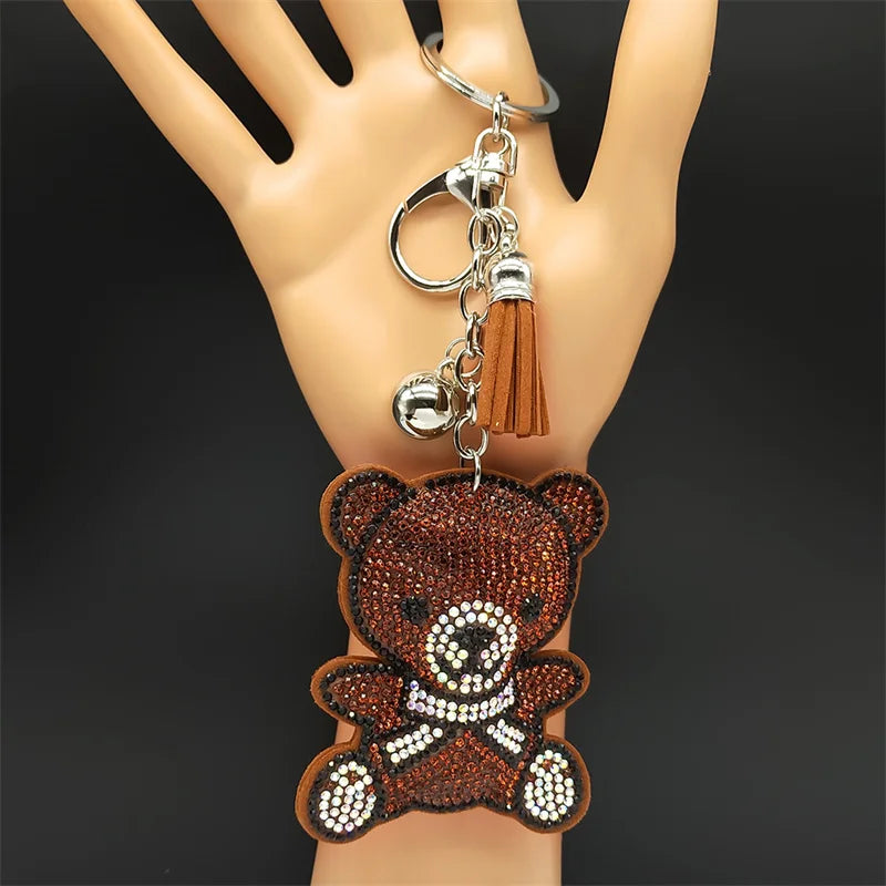Brown Gift Bear Keychain – Cute Tassel & Rhinestone Bag Charm for Women and Men