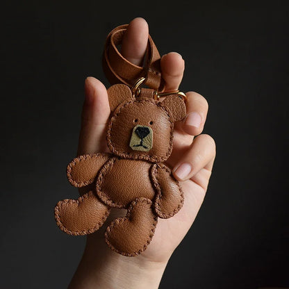 Original Design Leather Teddy Bear Keychain – Handmade Bag Charm & Car Pendant for Women