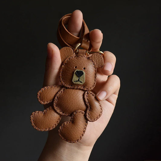 Original Design Leather Teddy Bear Keychain – Handmade Bag Charm & Car Pendant for Women