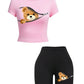 Piece Crop Top & Shorts Set – Zipper Teddy Bear Print | Slim Fit Sporty Loungewear for Women