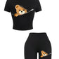 Piece Crop Top & Shorts Set – Zipper Teddy Bear Print | Slim Fit Sporty Loungewear for Women