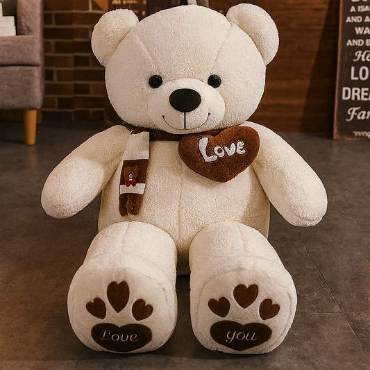 Plush teddy bear with a heart-shaped 'Love' tag and paw prints on paws and feet, sitting on a wooden floor.

