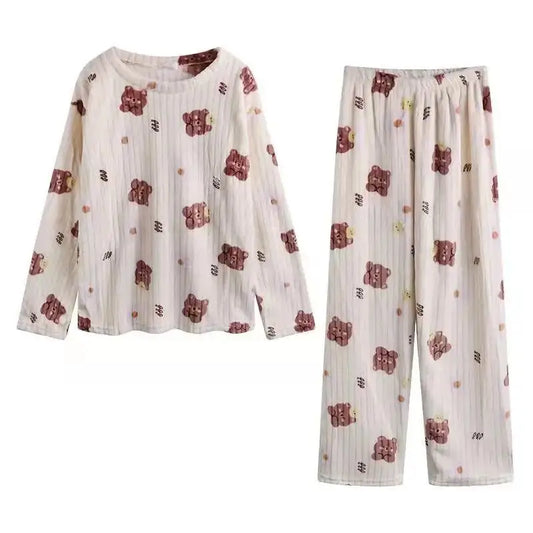 Autumn Winter Warm Flannel Pyjamas Set for Women – Thick Coral Velvet Sleepwear with Teddy Bear Pattern