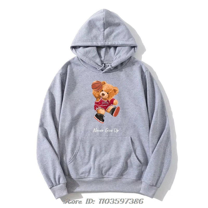 Basketball Teddy Bear Hoodie – Unisex Streetwear Pullover | Casual Cotton Sweatshirt 