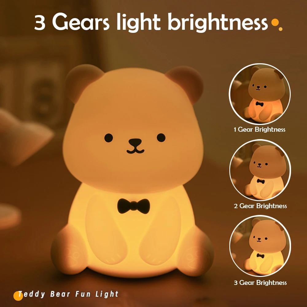 Silicone Teddy Bear Night Light – 3-Level Dimmable Nursery Lamp for Kids Bedroom