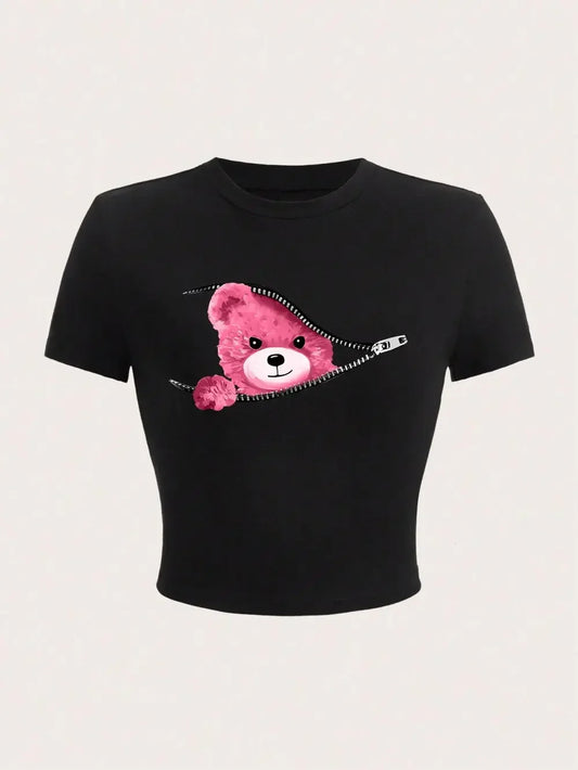 Teddy Bear Graphic Crop Top – Women’s Soft Stretch T-Shirt | Cute Cropped Tee for Casual Streetwear