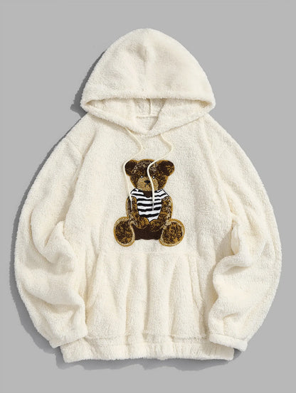 Men’s Teddy Bear Hoodie – Fluffy Faux Fur Pullover with Embroidered Bear & Kangaroo Pocket | 2025 Fuzzy Hoodie