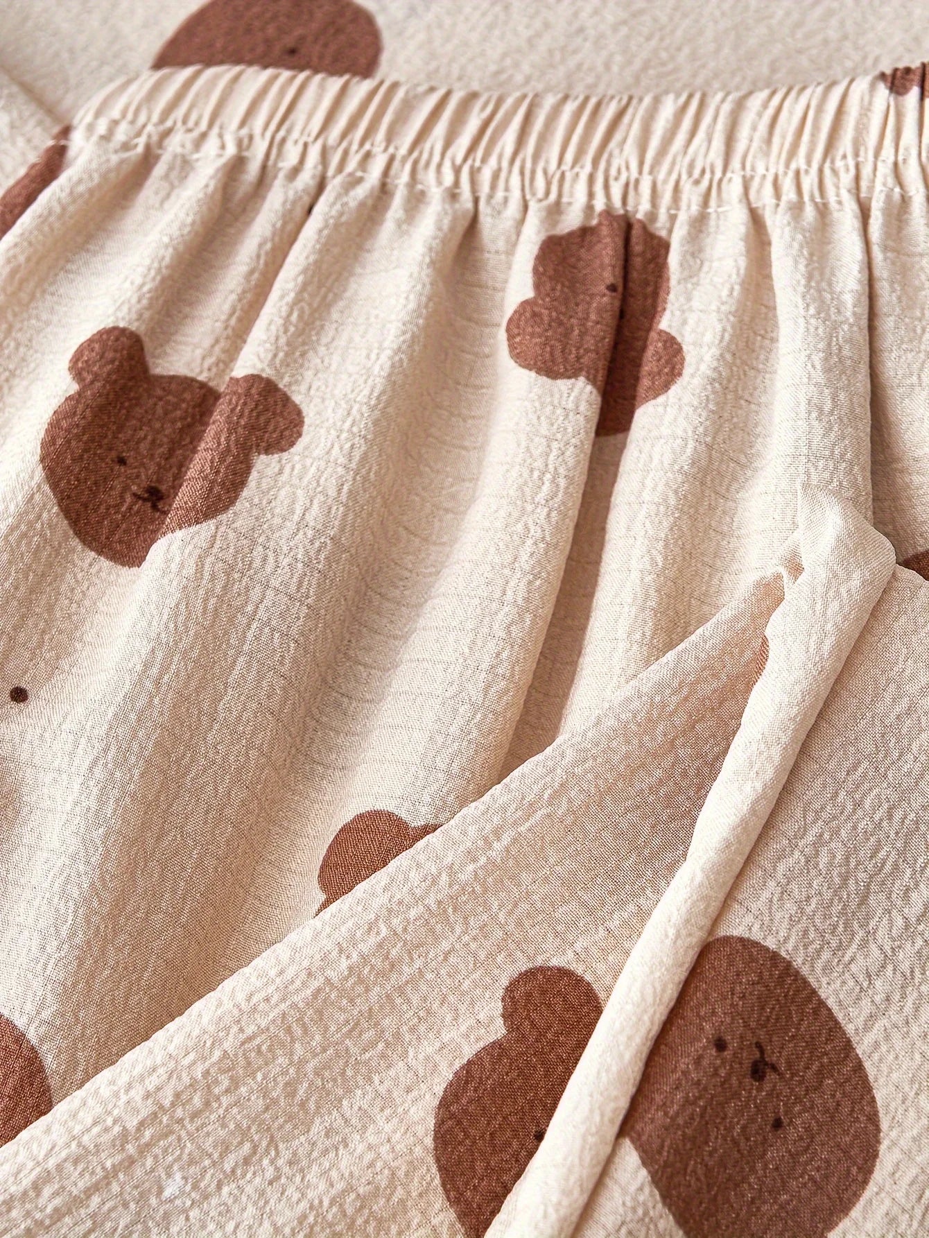 Cozy Teddy Bear Print Pajama Set for Women – Long Sleeve Lapel Top & Elastic Pants | Soft, Button-Up Sleepwear for Autumn