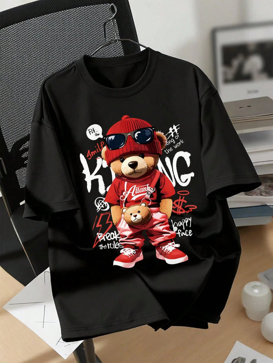 New Style Cartoon Bear Graphic T-Shirt Men Casual Loose O-Neck Fashion Top Loose Breathable Cotton Short Sleeve Comfortable Top