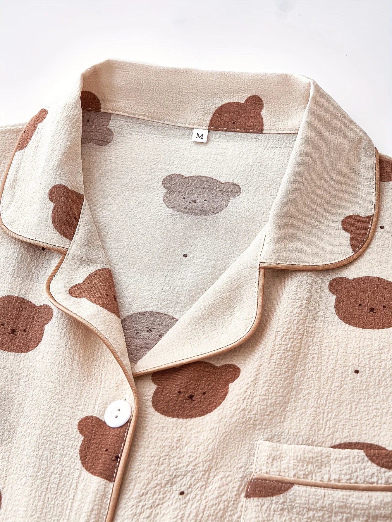 Cozy Teddy Bear Print Pajama Set for Women – Long Sleeve Lapel Top & Elastic Pants | Soft, Button-Up Sleepwear for Autumn