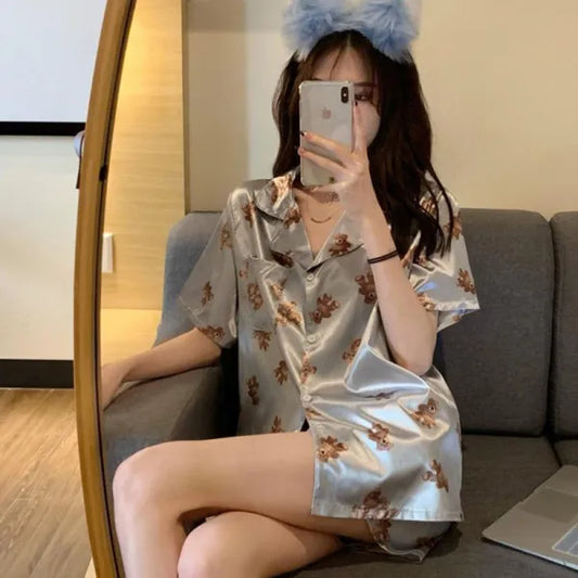 New Women’s Ice Silk Pyjamas Set – Short Sleeve Cardigan & Shorts with Grey Teddy Bear Print | Summer Loungewear