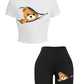 Piece Crop Top & Shorts Set – Zipper Teddy Bear Print | Slim Fit Sporty Loungewear for Women
