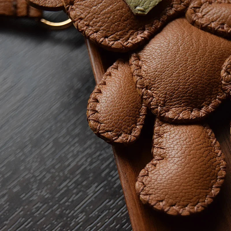 Original Design Leather Teddy Bear Keychain – Handmade Bag Charm & Car Pendant for Women