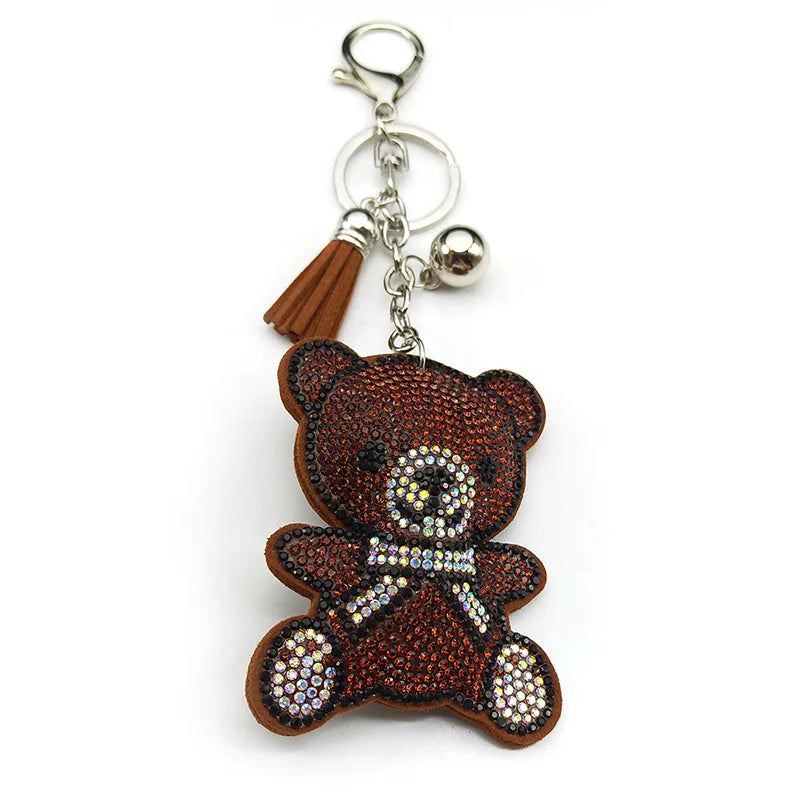 Brown Gift Bear Keychain – Cute Tassel & Rhinestone Bag Charm for Women and Men