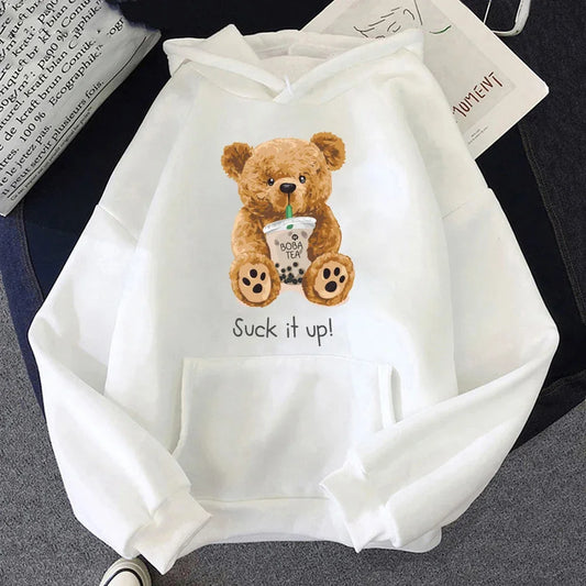 Teddy Bear Drinking Milk Tea Hoodie – Unisex Streetwear Pullover | Loose Fit Cotton Sweatshirt