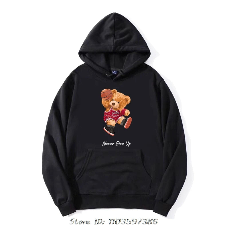 Basketball Teddy Bear Hoodie – Unisex Streetwear Pullover | Casual Cotton Sweatshirt 