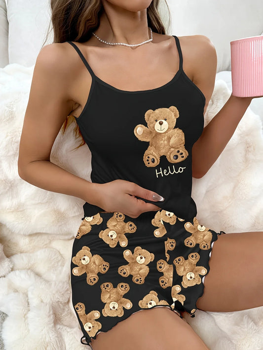 Summer Black Pyjamas Set for Women – Cute Teddy Bear Print | Lightweight Short Sleeve Sleepwear & Shorts