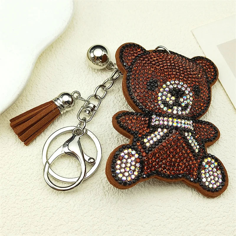 Brown Gift Bear Keychain – Cute Tassel & Rhinestone Bag Charm for Women and Men