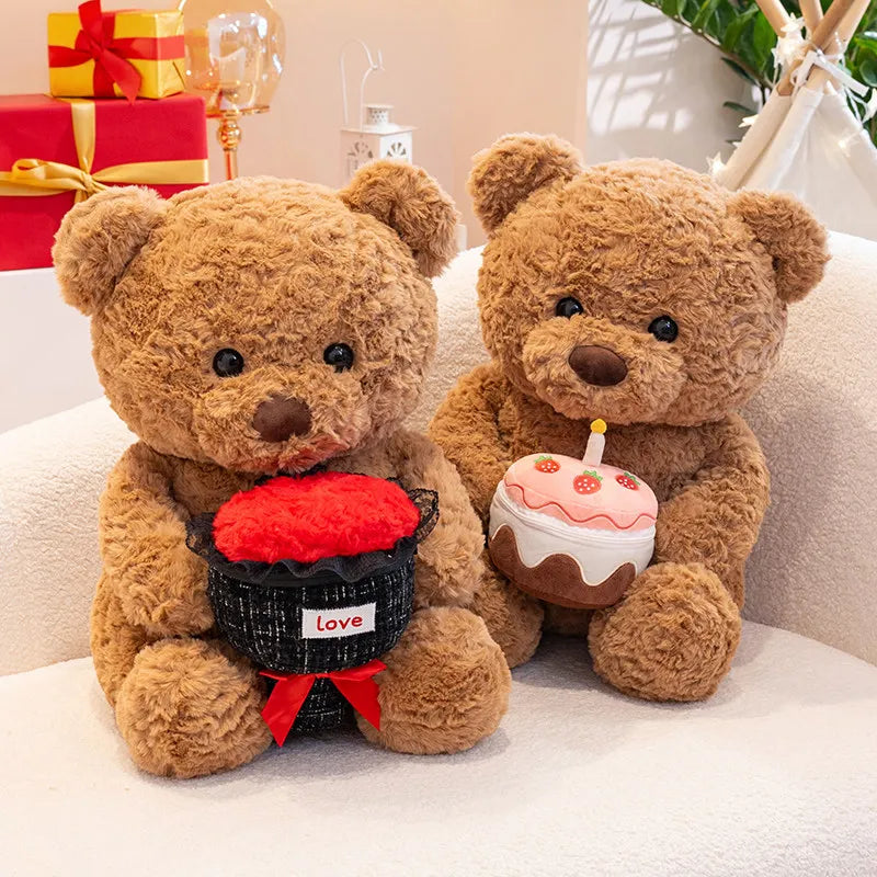 Warm Hearted Teddy Bear with Gift, Cake or Bouquet – Soft Plush Toy in Sweater for Girlfriend, Valentine's Day & Special Occasions