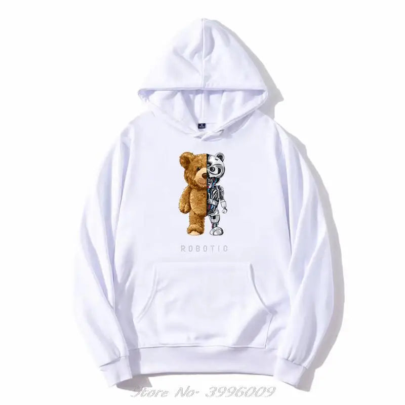 Robot Teddy Bear Hoodie –  Pullover Streetwear for Men Tech-Inspired Unisex Sweatshirt