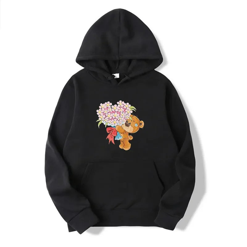 A Teddy Bear Hold Heart Shape Flower Printed Hoodies Spring Autumn Men'S Loose Hooded Sweatshirts Couple Fashion Pullovers Top