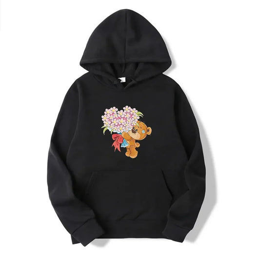A Teddy Bear Hold Heart Shape Flower Printed Hoodies Spring Autumn Men'S Loose Hooded Sweatshirts Couple Fashion Pullovers Top